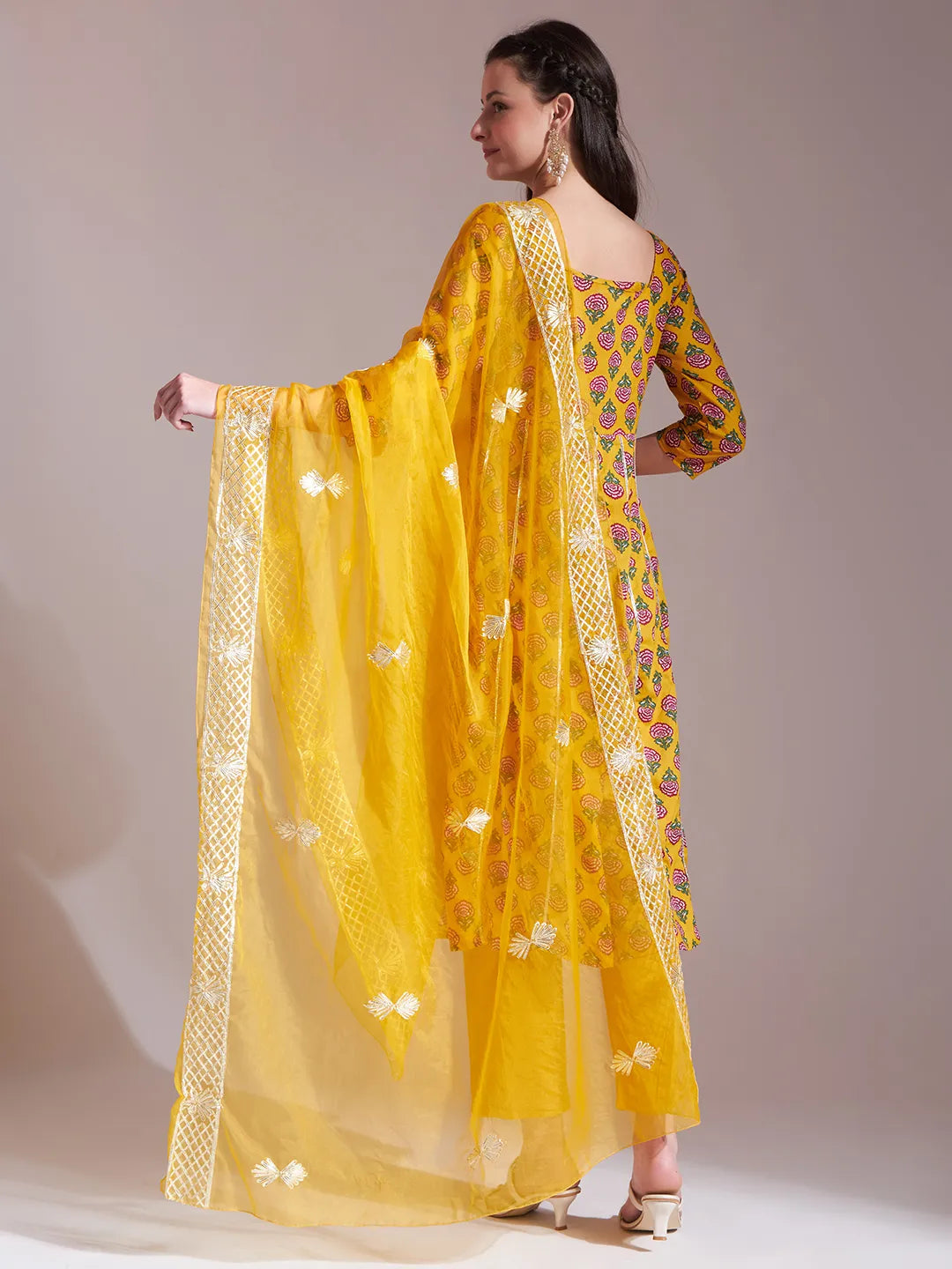 Yufta Mustard Cotton Gotta Work Kurta Set With Pant & Dupatta | Grocsy