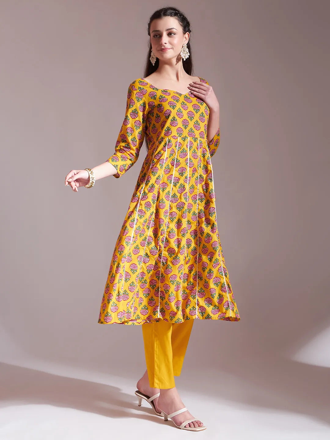 Yufta Mustard Cotton Gotta Work Kurta Set With Pant & Dupatta | Grocsy