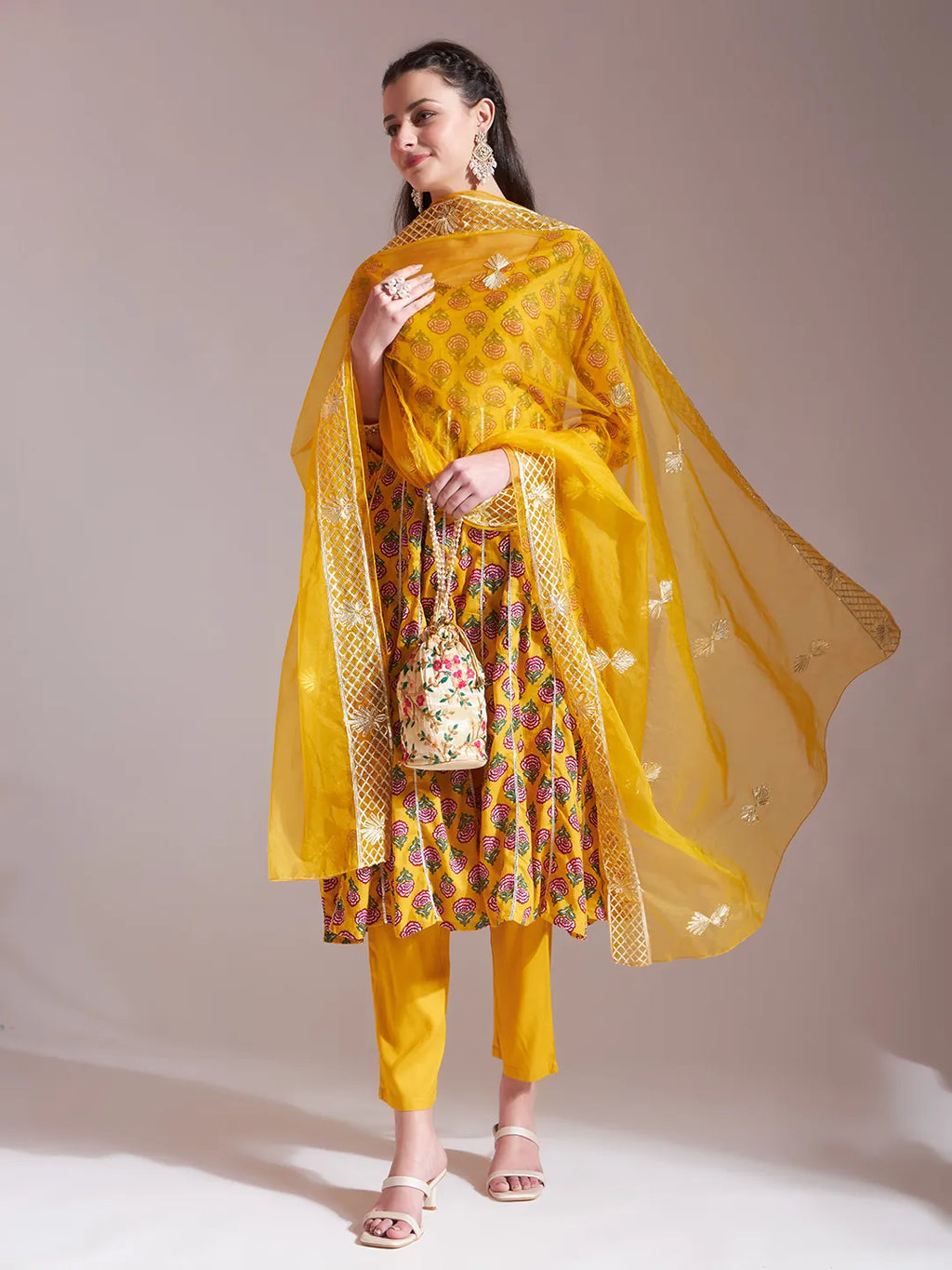 Yufta Mustard Cotton Gotta Work Kurta Set With Pant & Dupatta | Grocsy