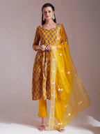 Yufta Mustard Cotton Gotta Work Kurta Set With Pant & Dupatta | Grocsy