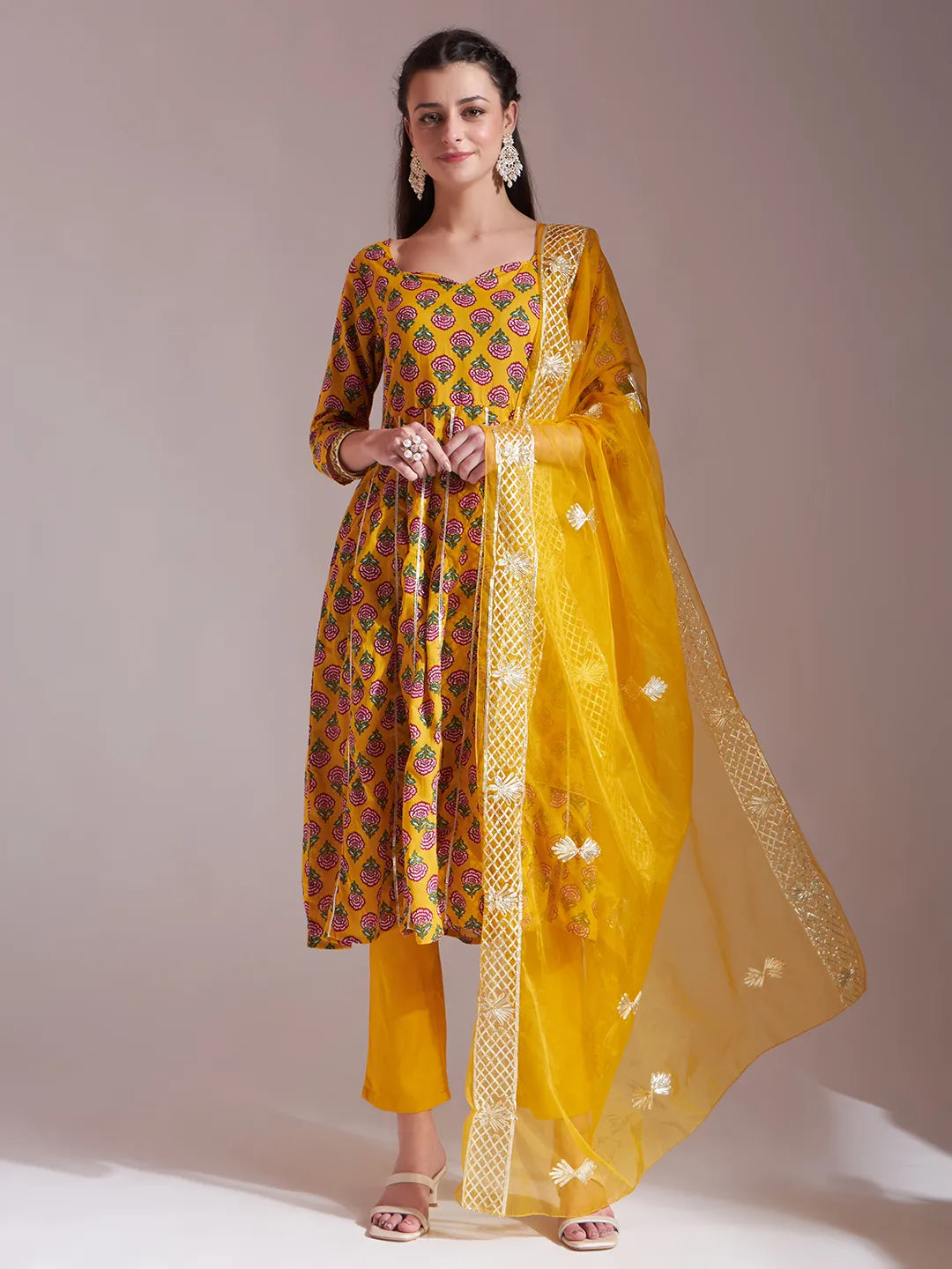 Yufta Mustard Cotton Gotta Work Kurta Set With Pant & Dupatta | Grocsy