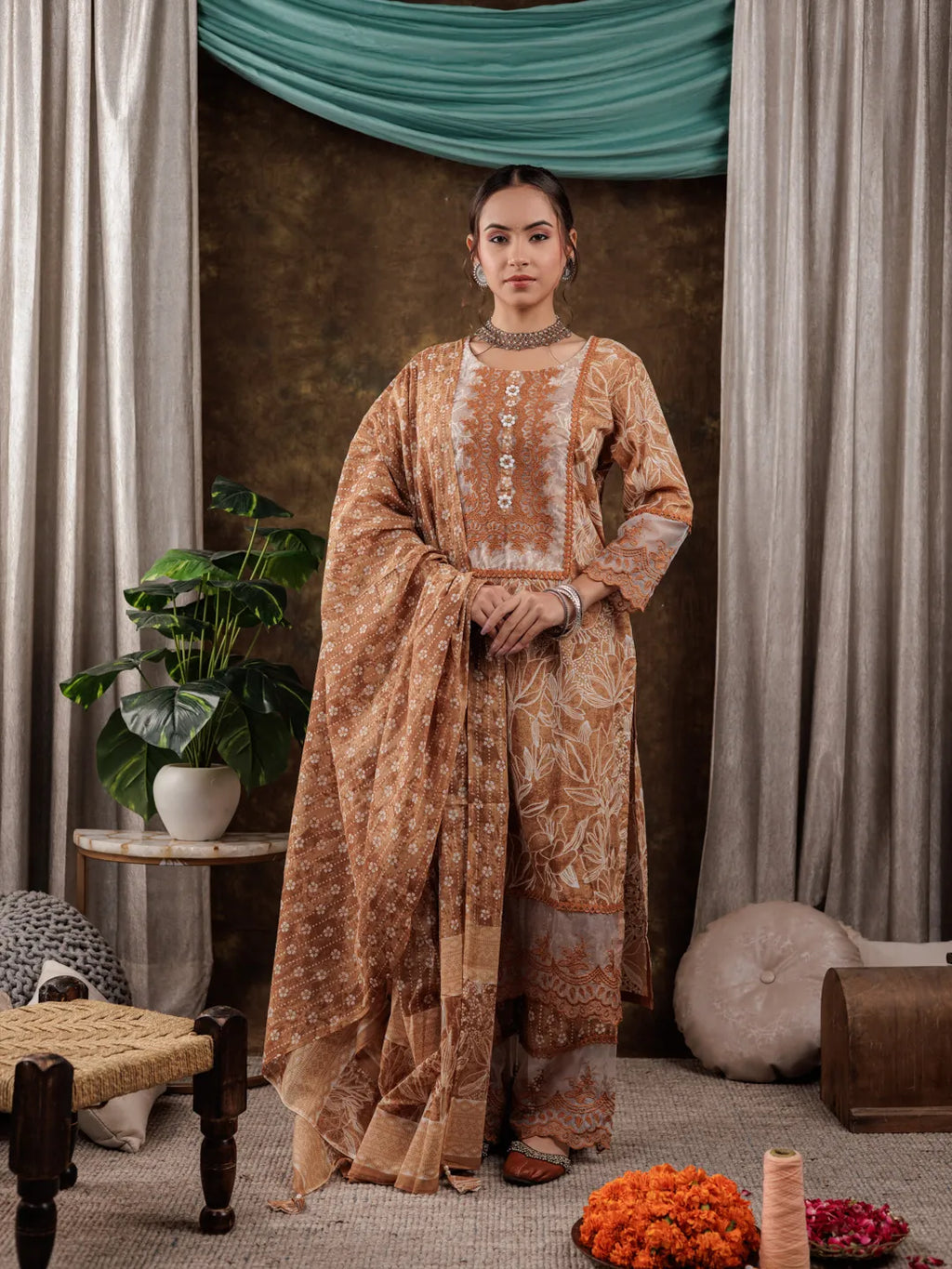 Yufta Mustard Cotton Kurta Dupatta Set With Lace Detailing | Grocsy