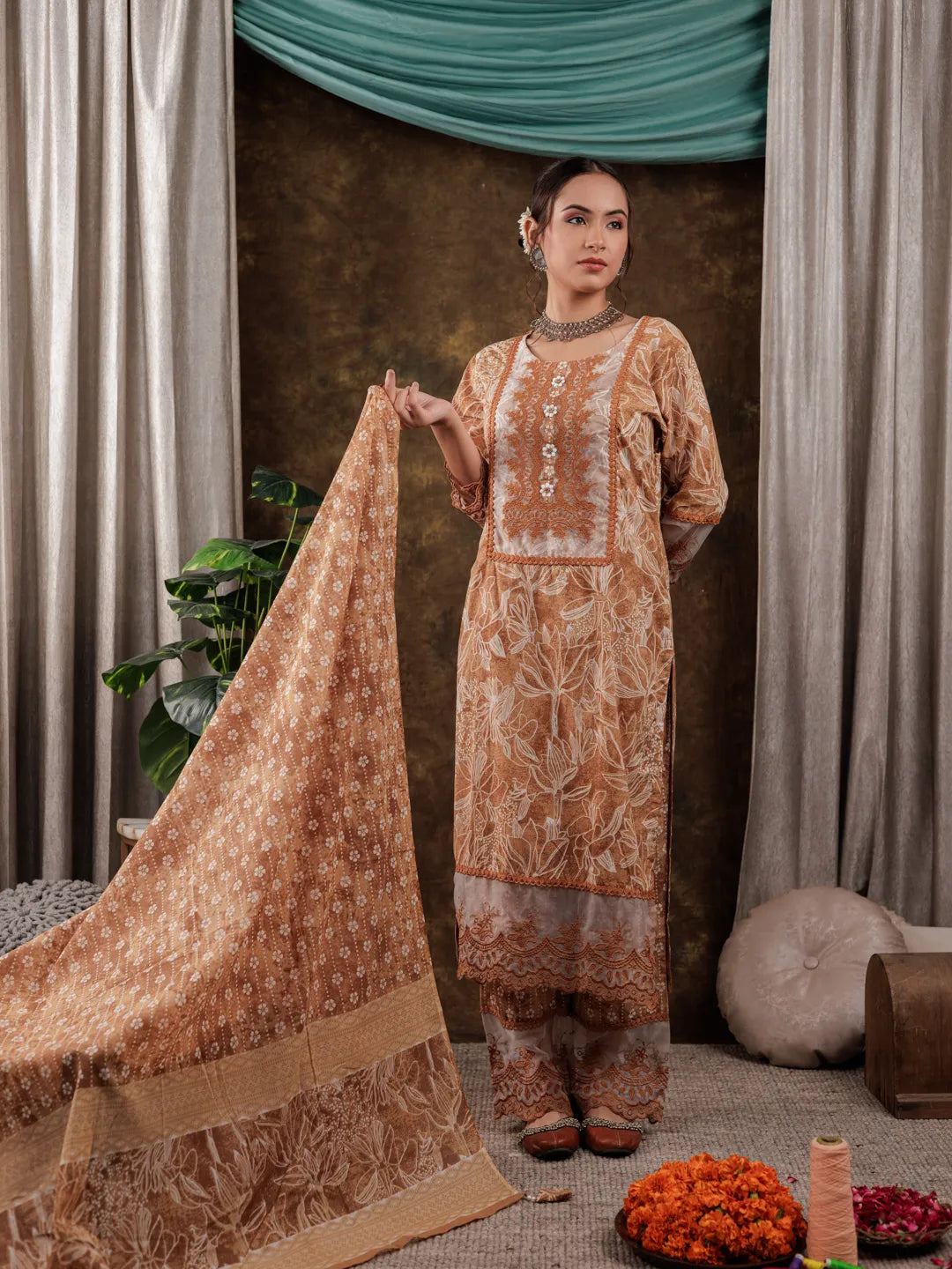 Yufta Mustard Cotton Kurta Dupatta Set With Lace Detailing | Grocsy
