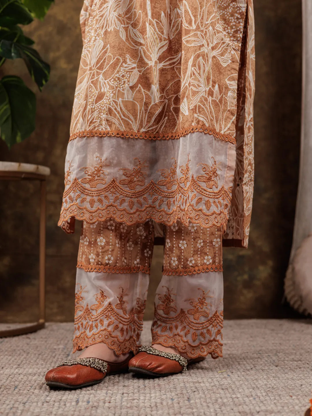 Yufta Mustard Cotton Kurta Dupatta Set With Lace Detailing | Grocsy