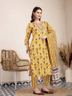 Yufta Mustard Cotton Lace Work On Yoke Straight Kurta Dupatta Pant Set | Grocsy