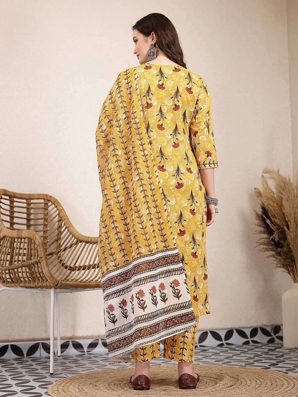 Yufta Mustard Cotton Lace Work On Yoke Straight Kurta Dupatta Pant Set | Grocsy