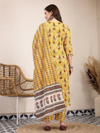 Yufta Mustard Cotton Lace Work On Yoke Straight Kurta Dupatta Pant Set | Grocsy