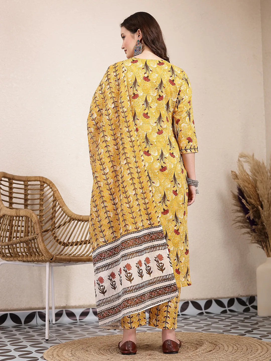 Yufta Mustard Cotton Lace Work On Yoke Straight Kurta Dupatta Pant Set | Grocsy