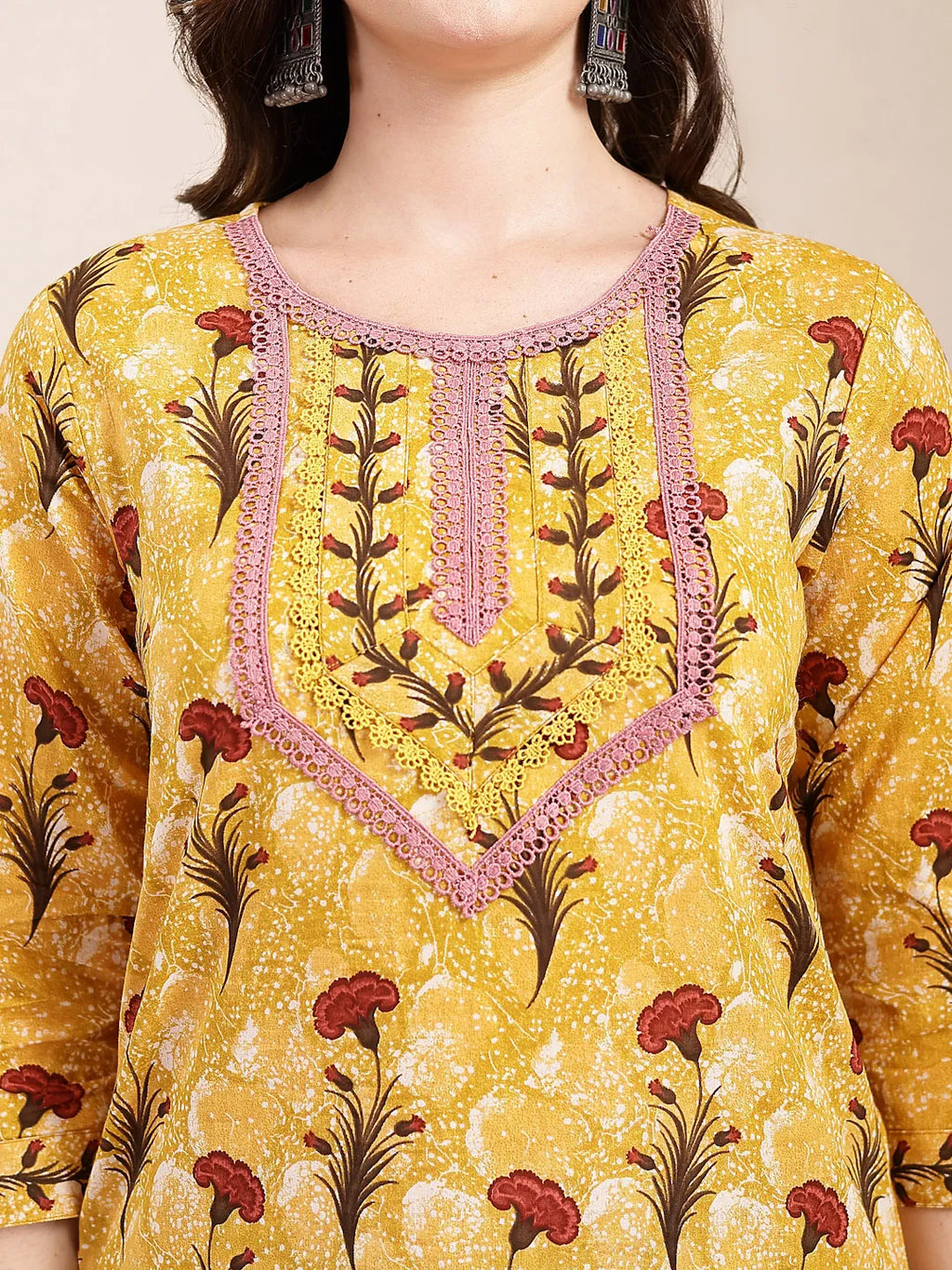 Yufta Mustard Cotton Lace Work On Yoke Straight Kurta Dupatta Pant Set | Grocsy