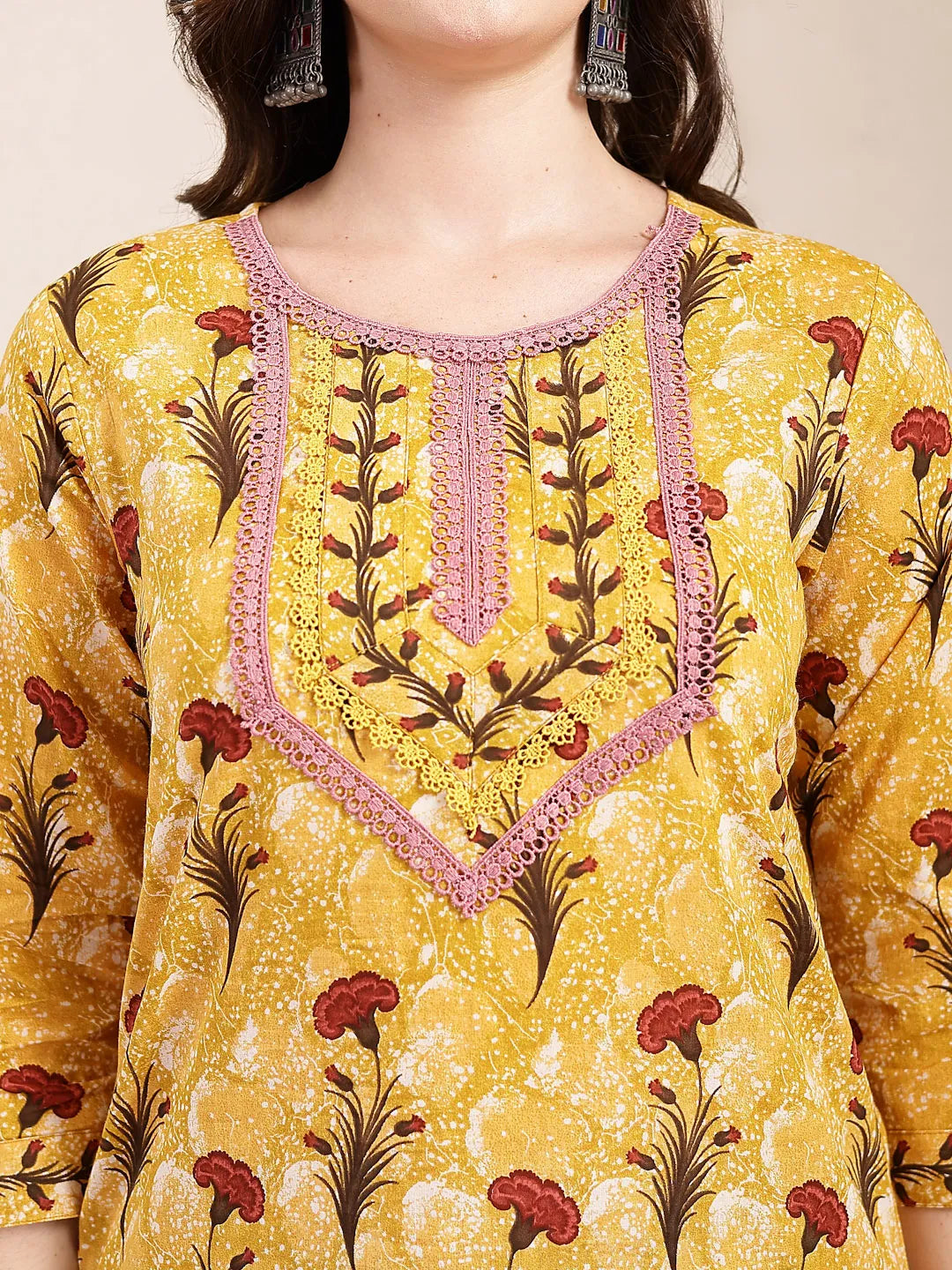 Yufta Mustard Cotton Lace Work On Yoke Straight Kurta Dupatta Pant Set | Grocsy