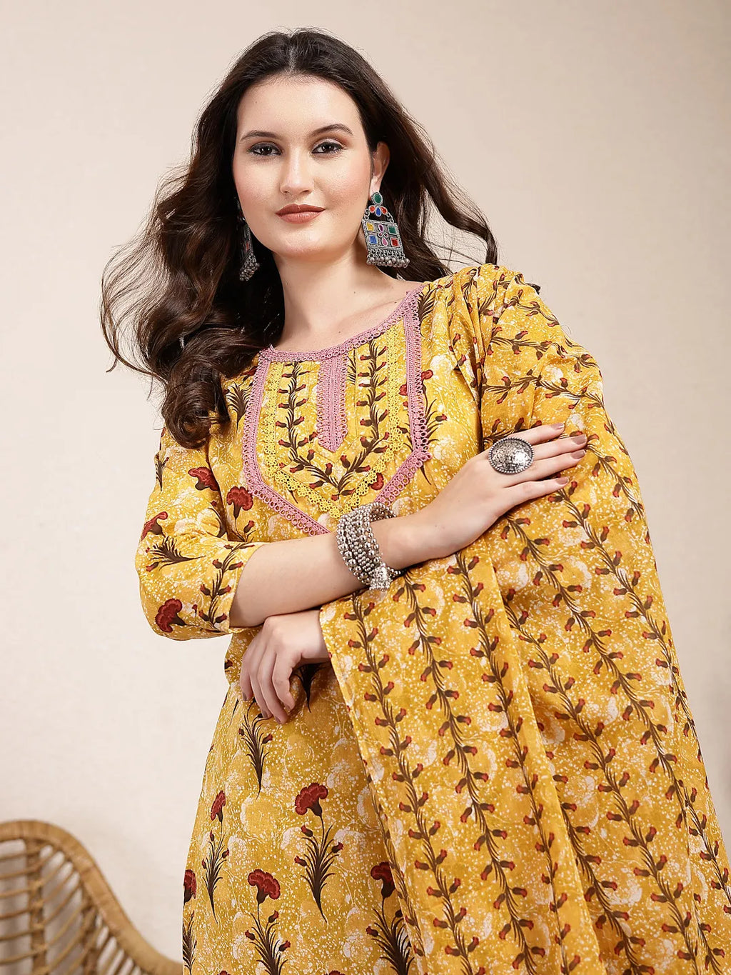 Yufta Mustard Cotton Lace Work On Yoke Straight Kurta Dupatta Pant Set | Grocsy