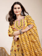 Yufta Mustard Cotton Lace Work On Yoke Straight Kurta Dupatta Pant Set | Grocsy