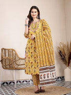 Yufta Mustard Cotton Lace Work On Yoke Straight Kurta Dupatta Pant Set | Grocsy