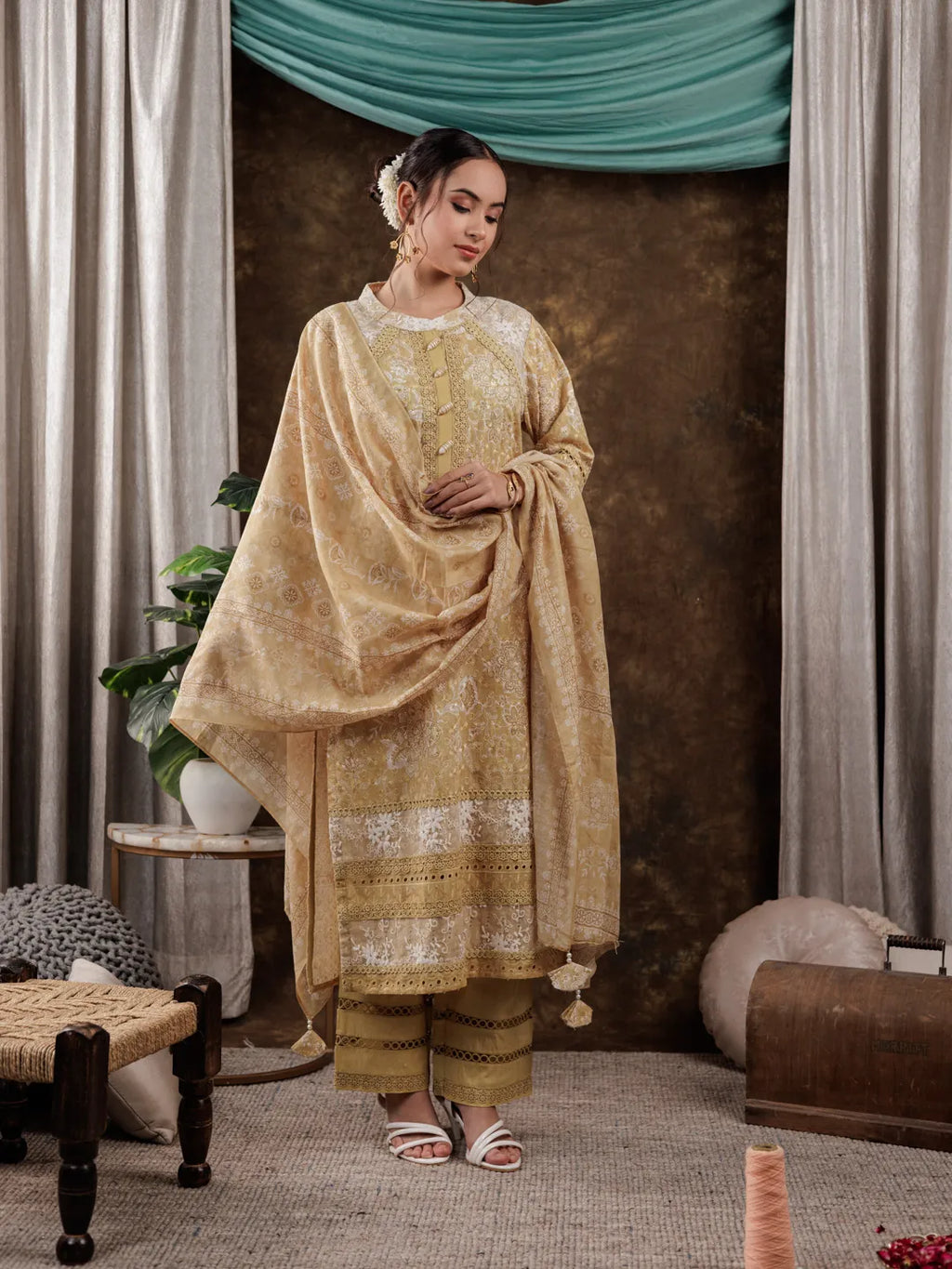 Yufta Mustard Cotton Schiffli Kurta Dupatta Set With Lace Detailing | Grocsy