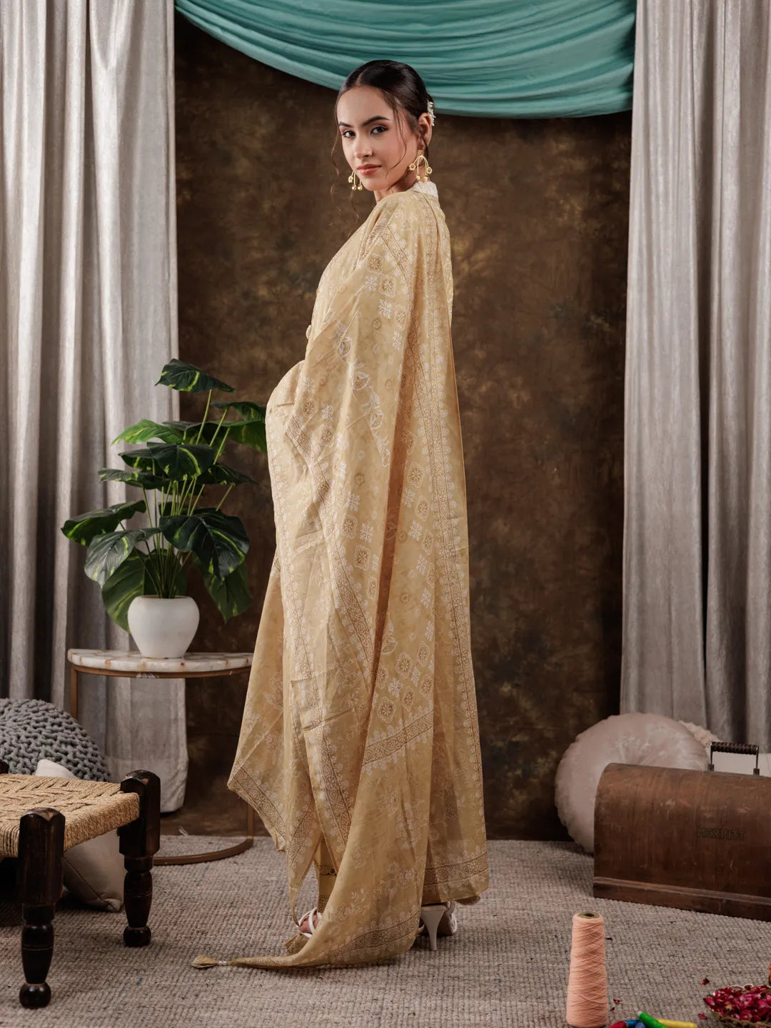 Yufta Mustard Cotton Schiffli Kurta Dupatta Set With Lace Detailing | Grocsy