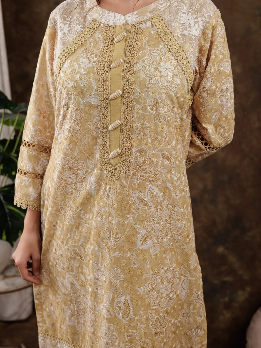 Yufta Mustard Cotton Schiffli Kurta Dupatta Set With Lace Detailing | Grocsy