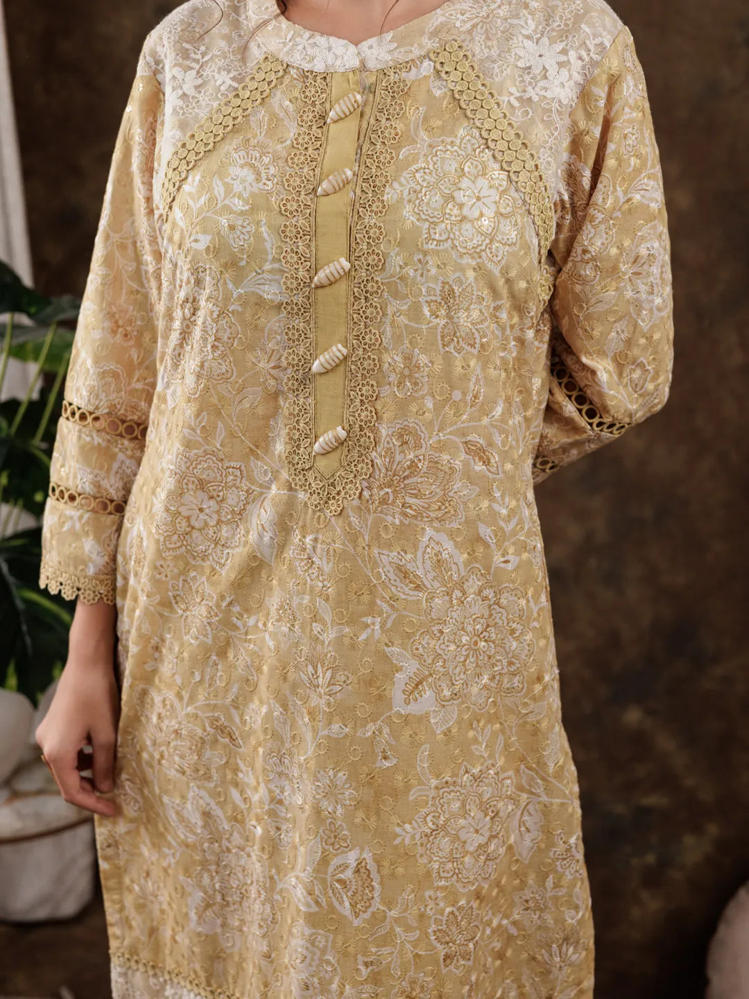 Yufta Mustard Cotton Schiffli Kurta Dupatta Set With Lace Detailing | Grocsy