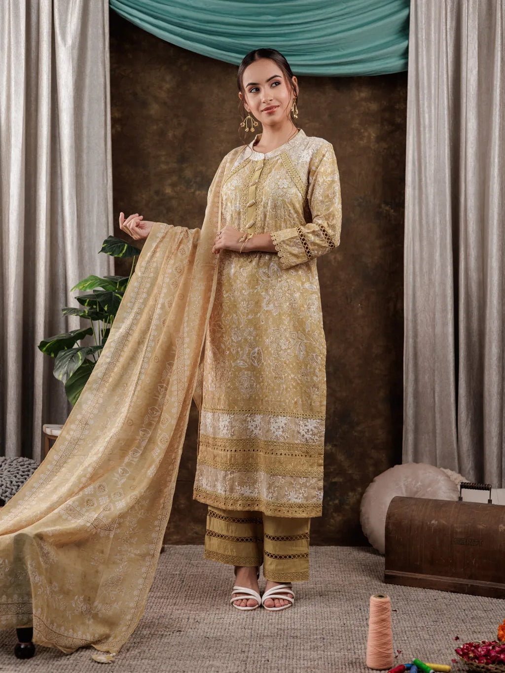Yufta Mustard Cotton Schiffli Kurta Dupatta Set With Lace Detailing | Grocsy