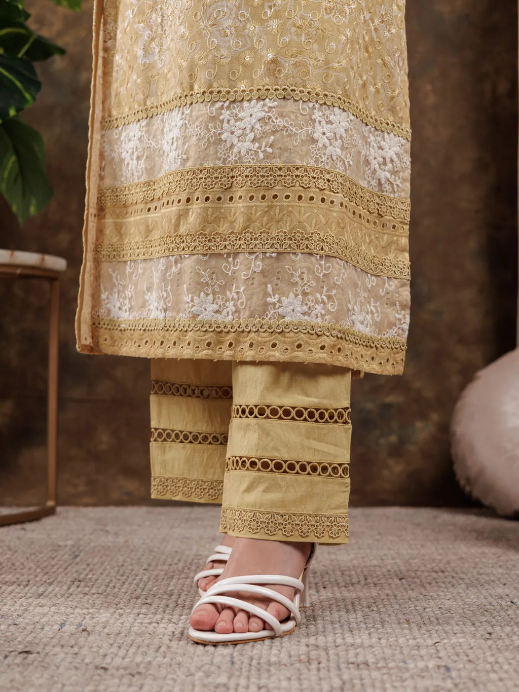 Yufta Mustard Cotton Schiffli Kurta Dupatta Set With Lace Detailing | Grocsy