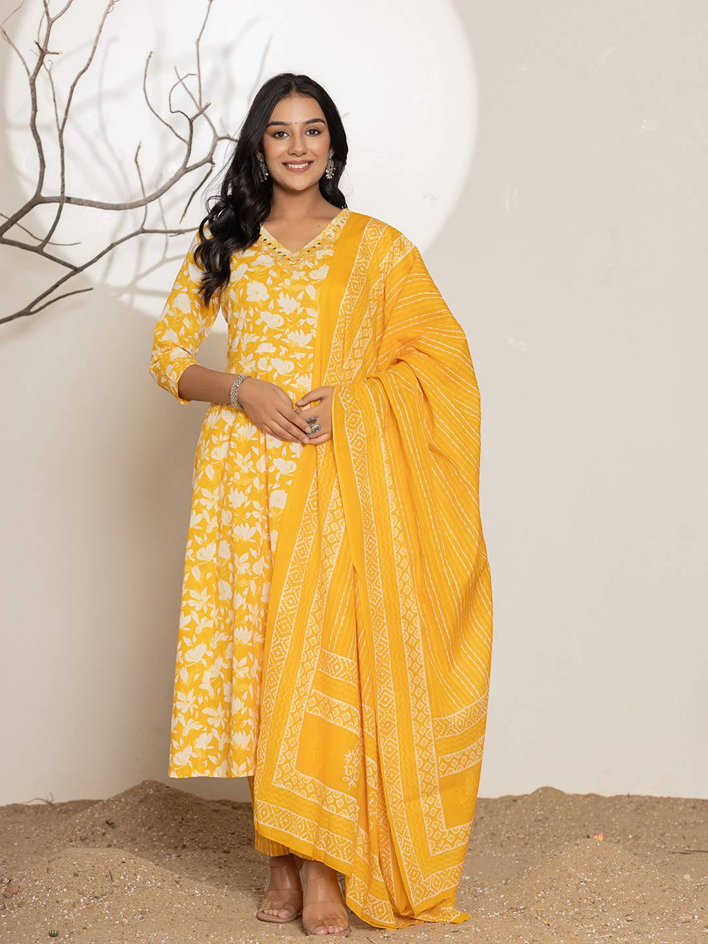 Yufta Mustard Embroidery Cotton Anarkali Suit Set | Grocsy