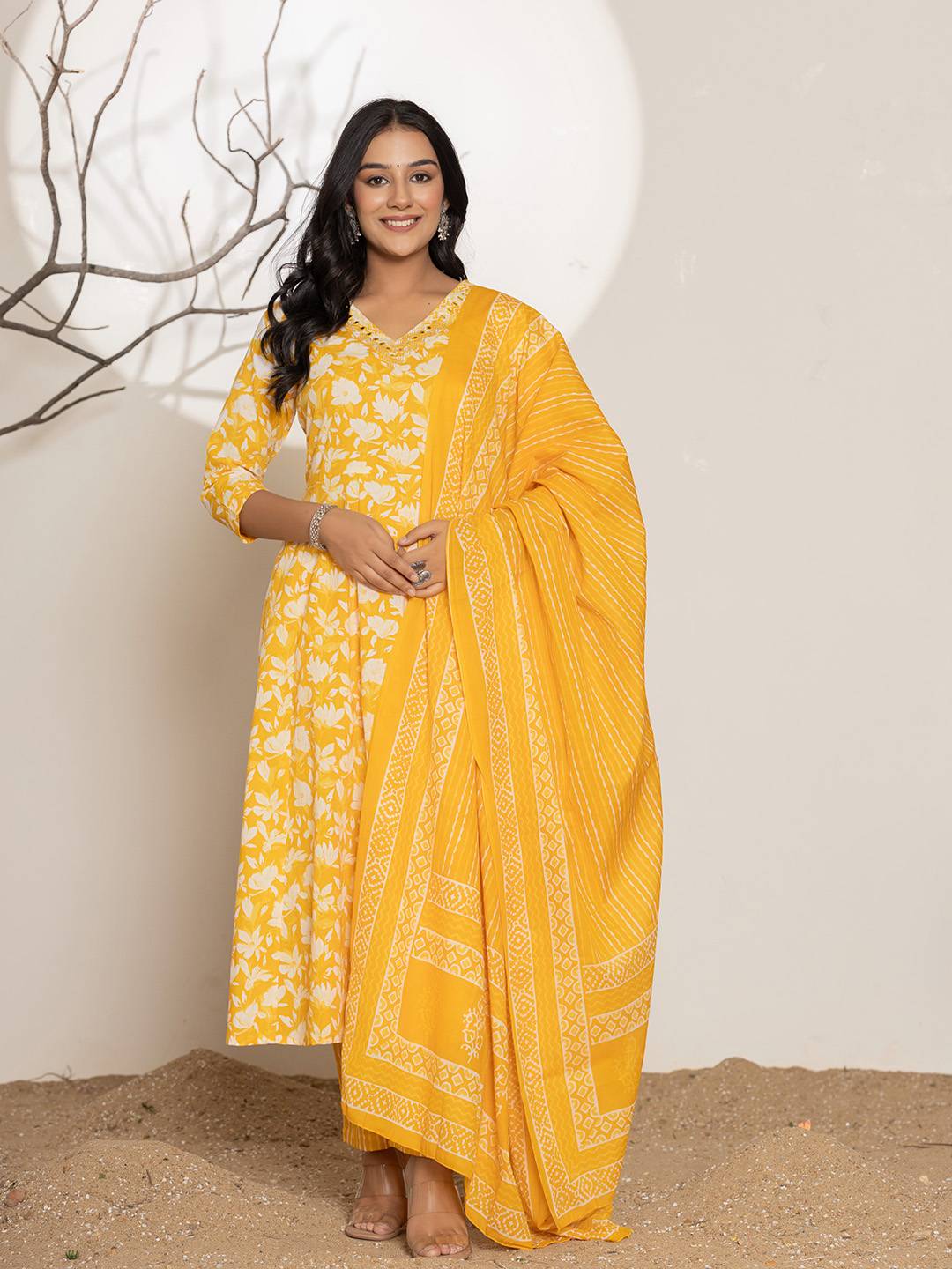 Yufta Mustard Embroidery Cotton Anarkali Suit Set | Grocsy