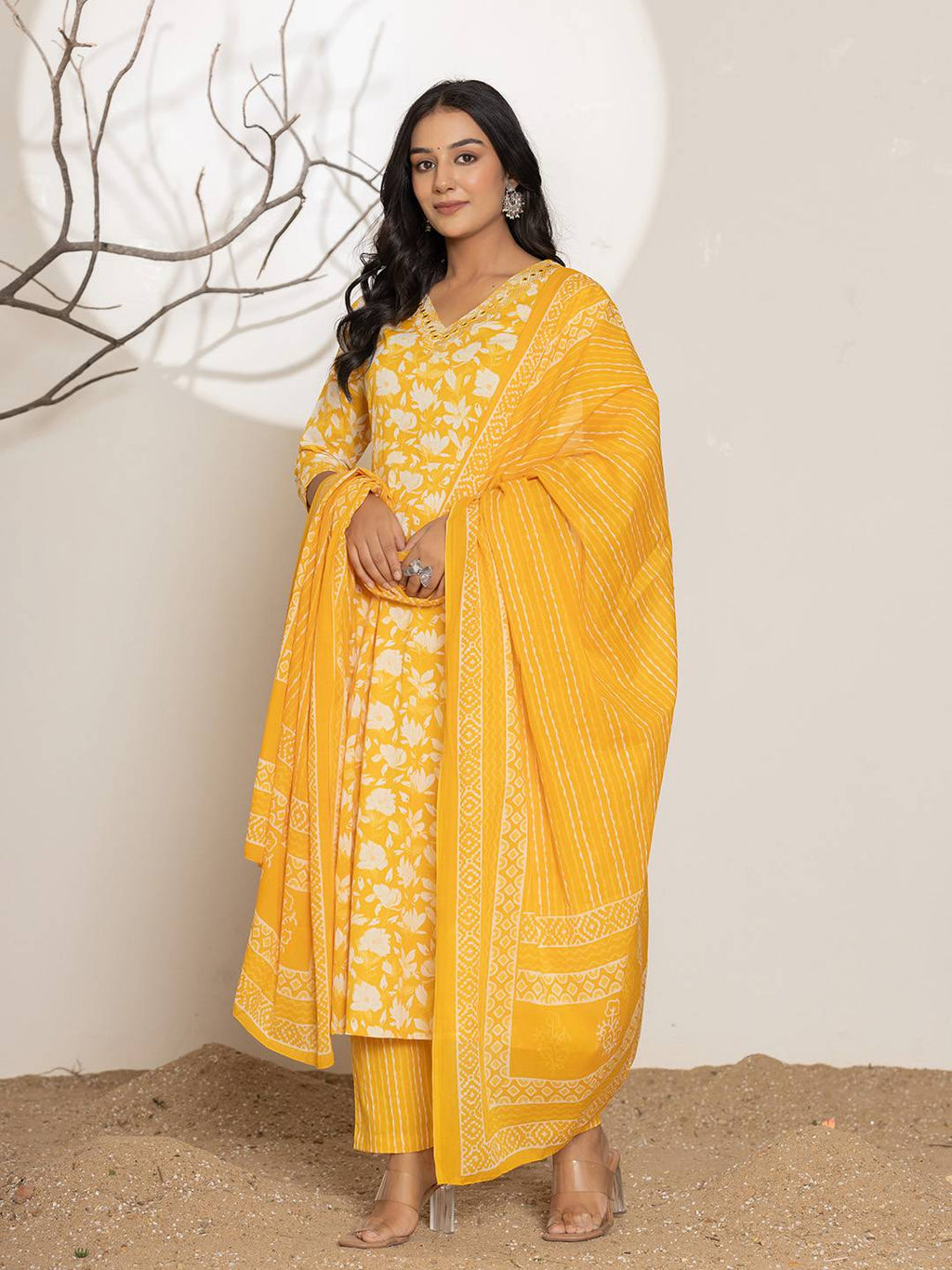 Yufta Mustard Embroidery Cotton Anarkali Suit Set | Grocsy