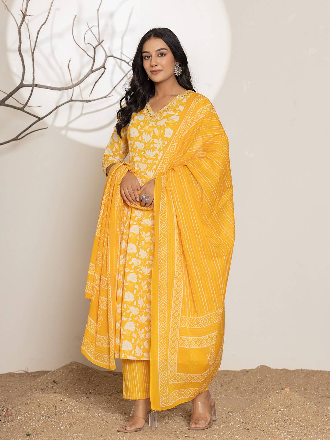 Yufta Mustard Embroidery Cotton Anarkali Suit Set | Grocsy