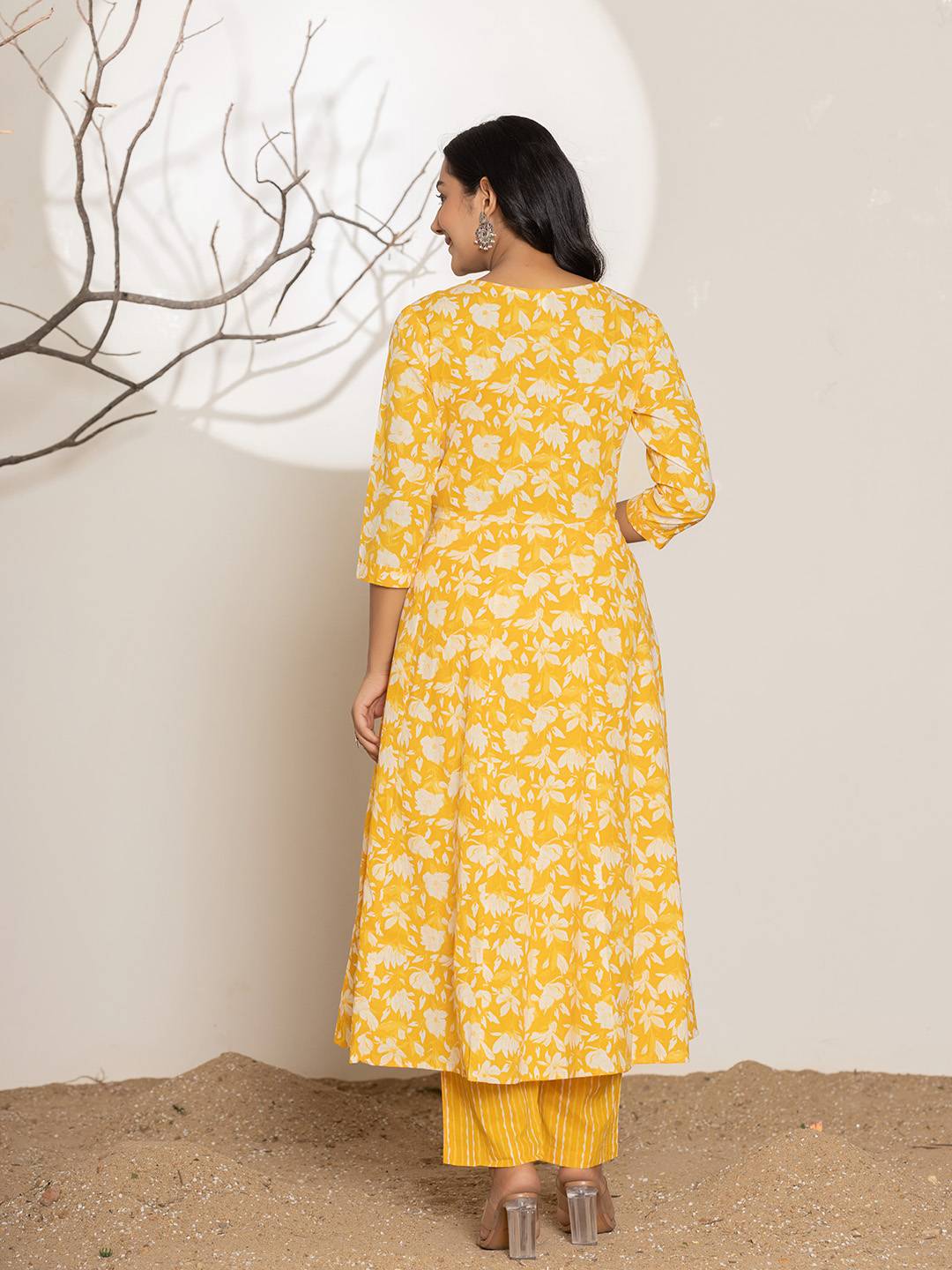 Yufta Mustard Embroidery Cotton Anarkali Suit Set | Grocsy