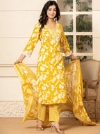 Yufta Mustard Embroidery Cotton Straight Kurta Dupatta Set | Grocsy
