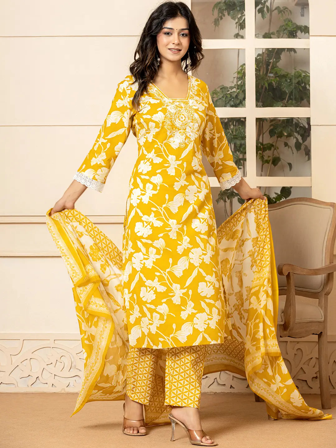 Yufta Mustard Embroidery Cotton Straight Kurta Dupatta Set | Grocsy