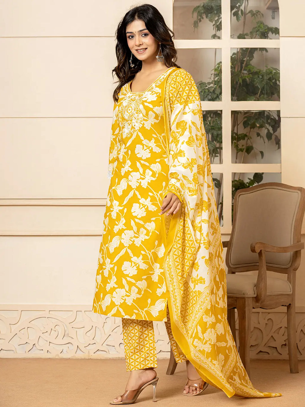 Yufta Mustard Embroidery Cotton Straight Kurta Dupatta Set | Grocsy