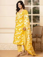 Yufta Mustard Embroidery Cotton Straight Kurta Dupatta Set | Grocsy