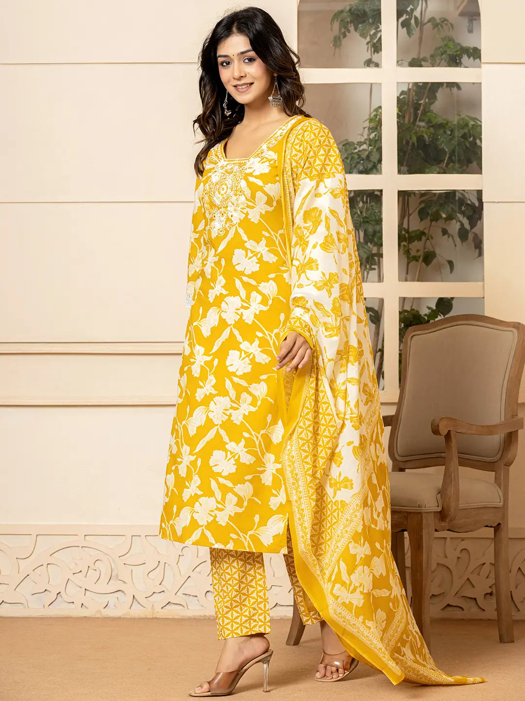 Yufta Mustard Embroidery Cotton Straight Kurta Dupatta Set | Grocsy