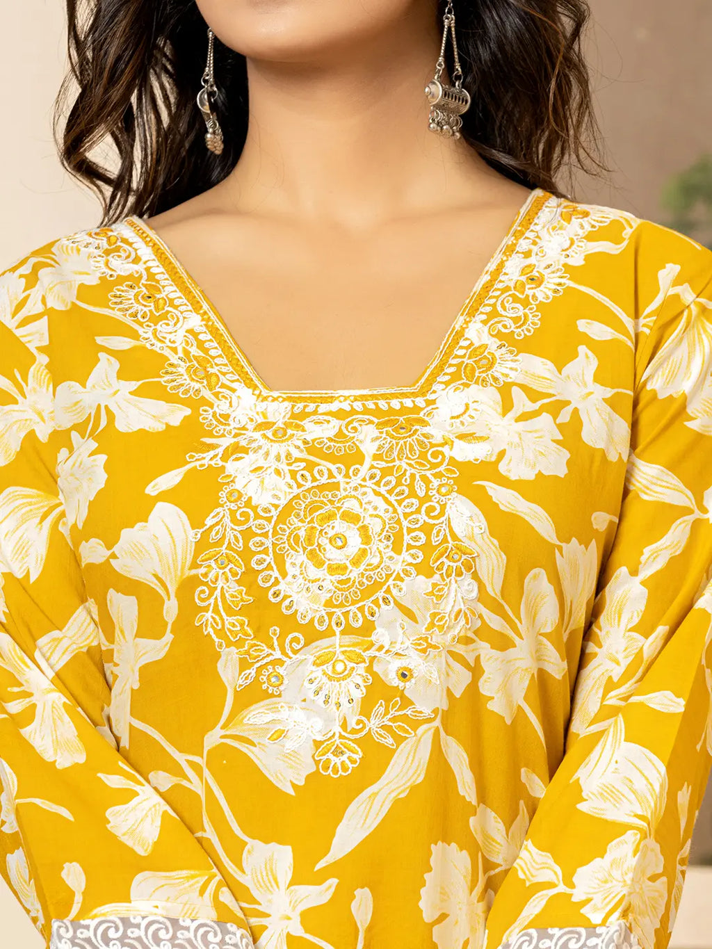 Yufta Mustard Embroidery Cotton Straight Kurta Dupatta Set | Grocsy