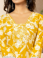 Yufta Mustard Embroidery Cotton Straight Kurta Dupatta Set | Grocsy