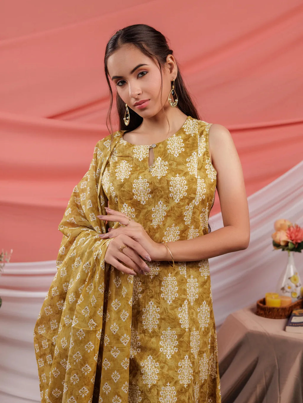 Yufta Mustard Ethnic Motifs Cotton A-Line Kurta Trouser & Dupatta Set | Grocsy