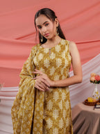 Yufta Mustard Ethnic Motifs Cotton A-Line Kurta Trouser & Dupatta Set | Grocsy