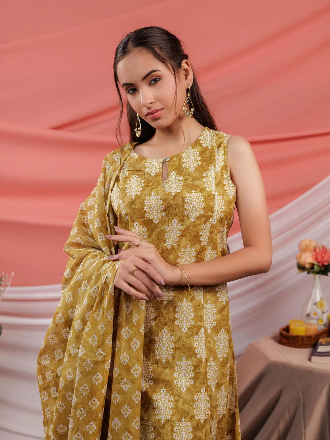 Yufta Mustard Ethnic Motifs Cotton A-Line Kurta Trouser & Dupatta Set | Grocsy