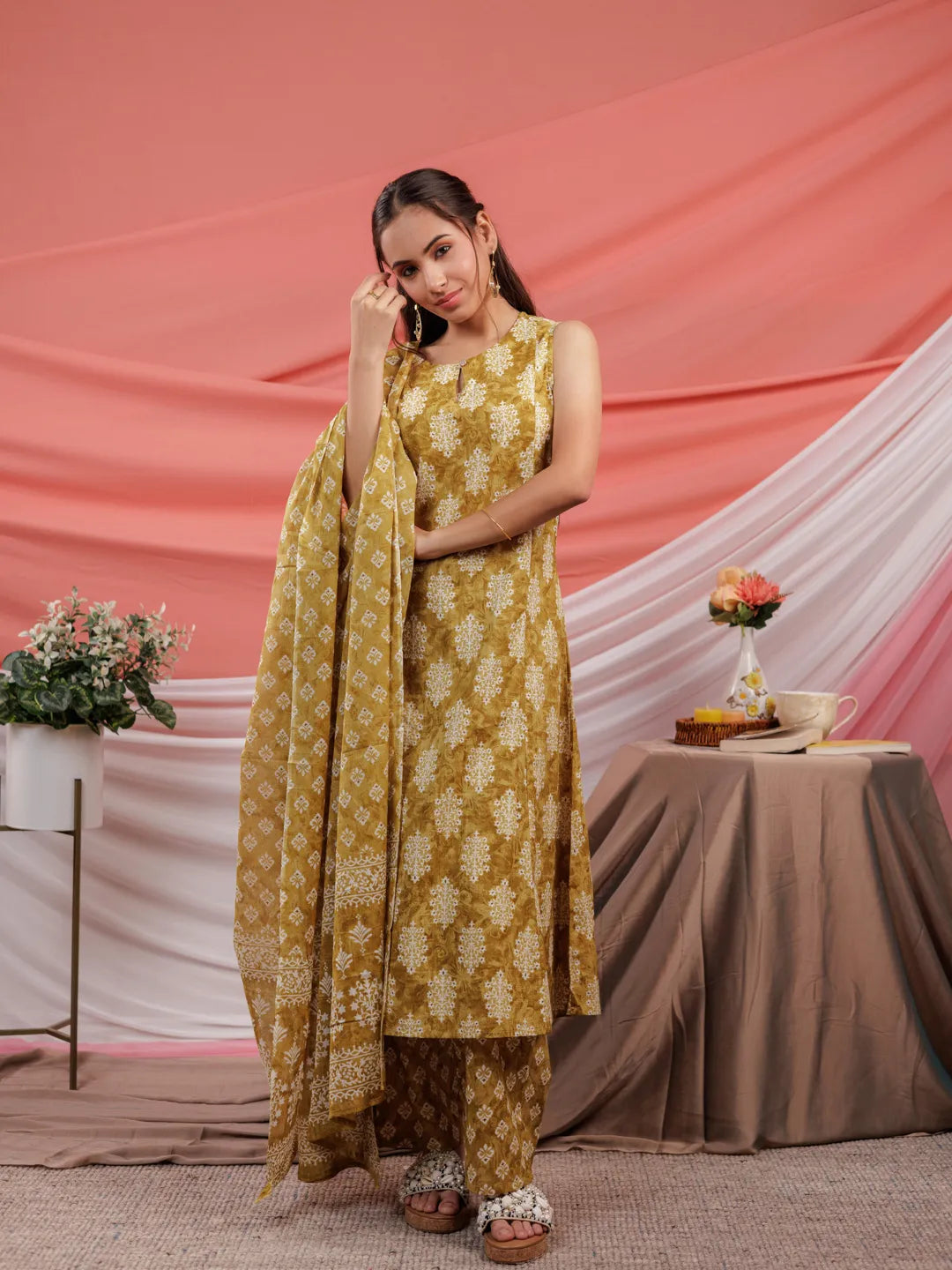 Yufta Mustard Ethnic Motifs Cotton A-Line Kurta Trouser & Dupatta Set | Grocsy