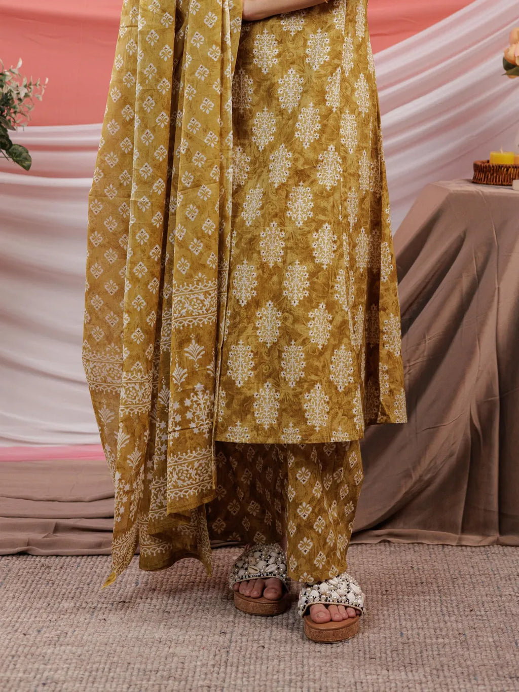 Yufta Mustard Ethnic Motifs Cotton A-Line Kurta Trouser & Dupatta Set | Grocsy