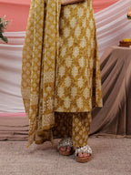 Yufta Mustard Ethnic Motifs Cotton A-Line Kurta Trouser & Dupatta Set | Grocsy