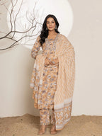 Yufta Mustard Floral Print Cotton Straight Kurta Dupatta Set | Grocsy