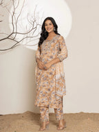 Yufta Mustard Floral Print Cotton Straight Kurta Dupatta Set | Grocsy