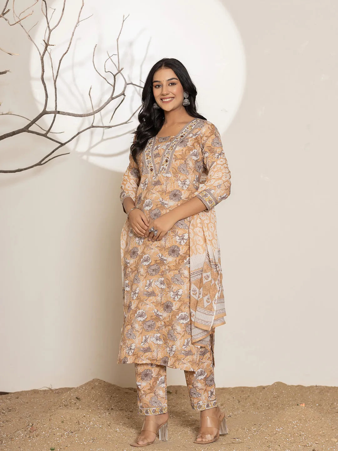 Yufta Mustard Floral Print Cotton Straight Kurta Dupatta Set | Grocsy
