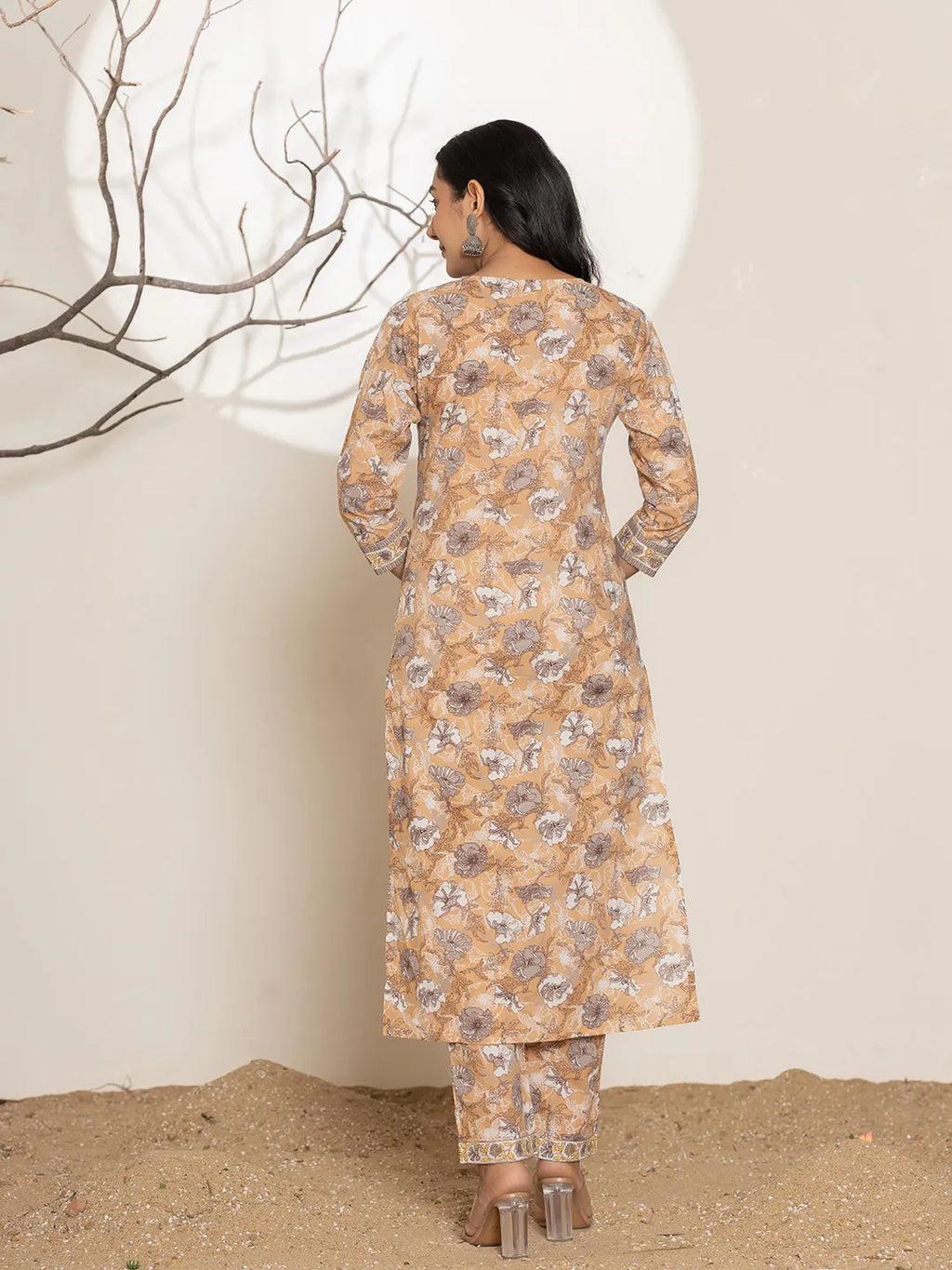 Yufta Mustard Floral Print Cotton Straight Kurta Dupatta Set | Grocsy