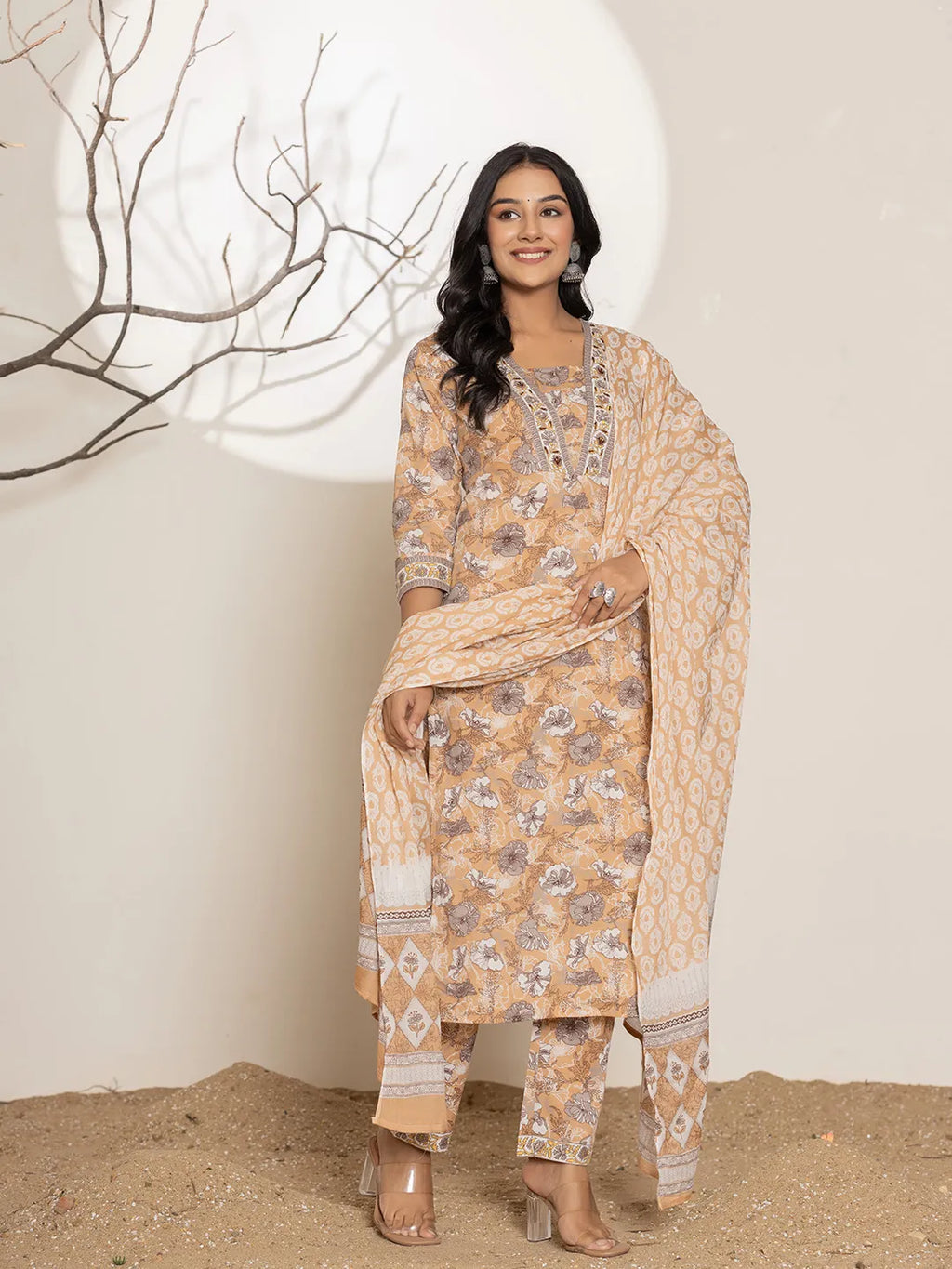 Yufta Mustard Floral Print Cotton Straight Kurta Dupatta Set | Grocsy