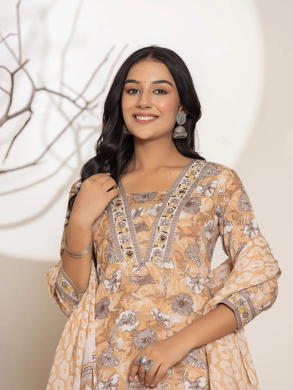 Yufta Mustard Floral Print Cotton Straight Kurta Dupatta Set | Grocsy
