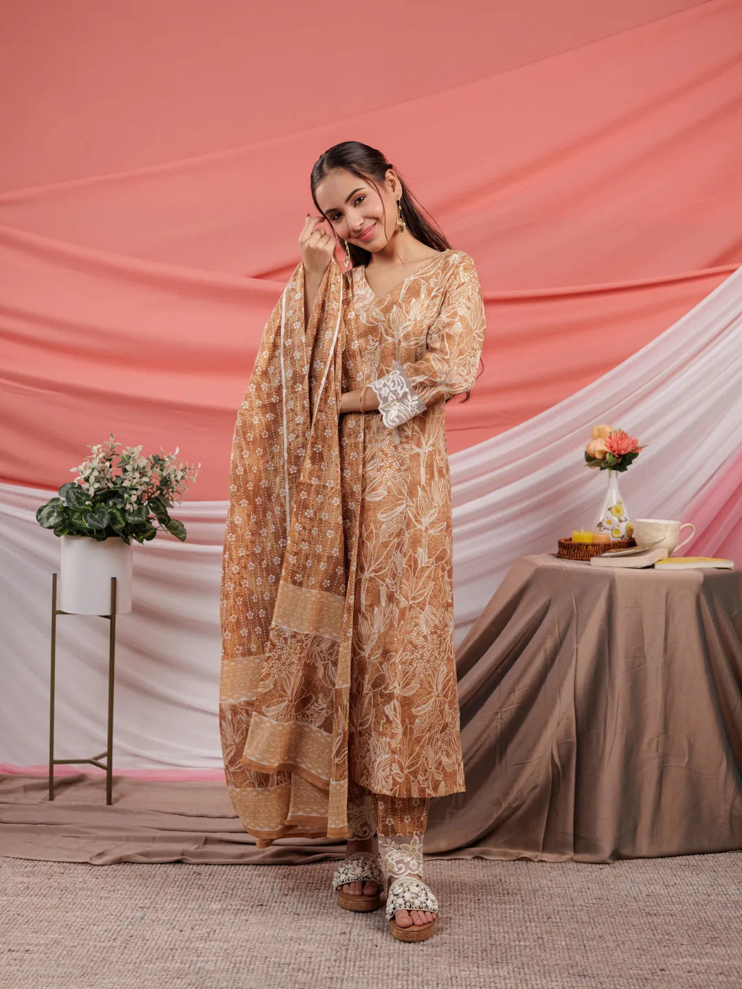 Yufta Mustard Floral Print Cotton Straight Kurta Trouser Dupatta Set | Grocsy
