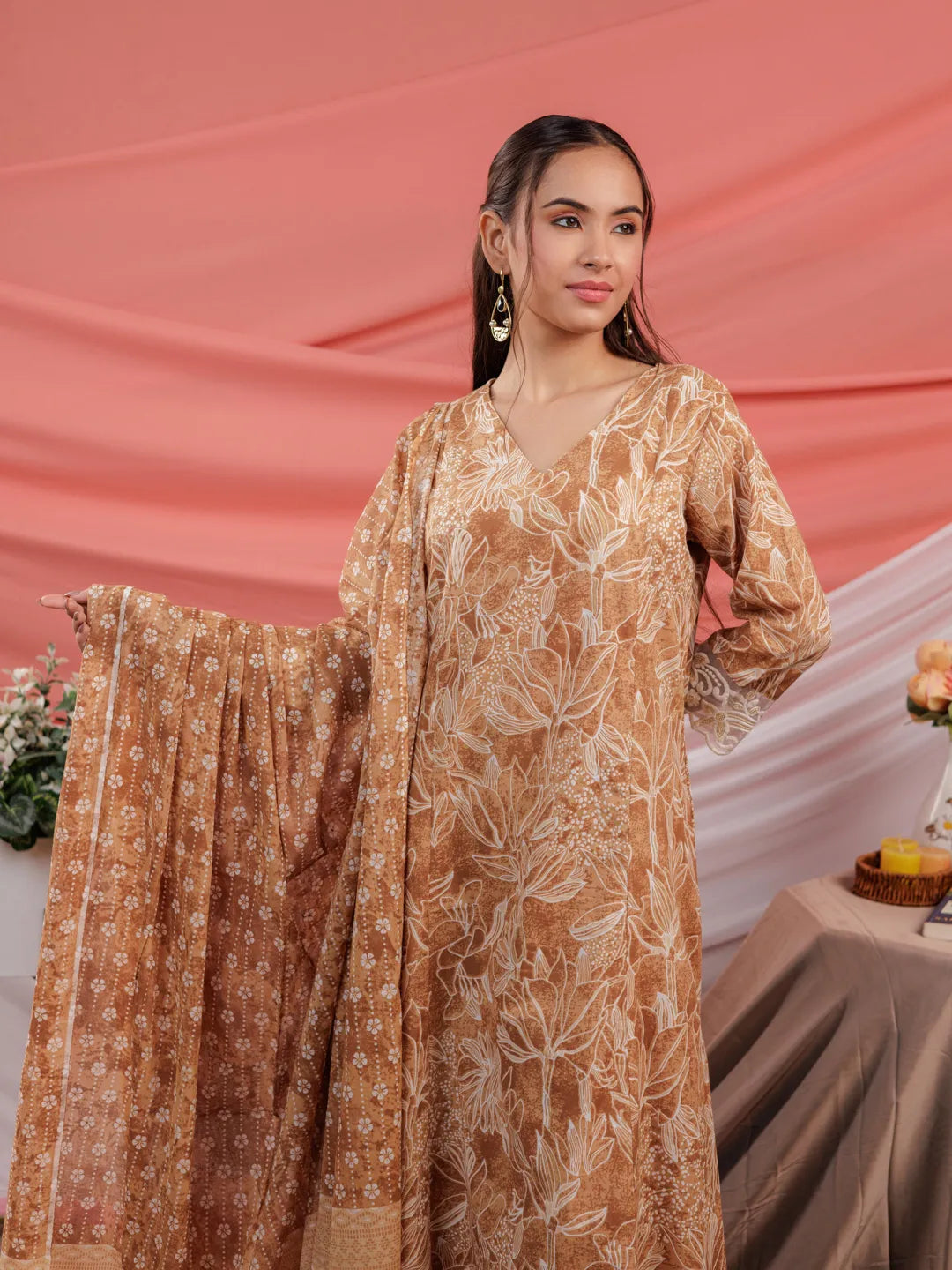 Yufta Mustard Floral Print Cotton Straight Kurta Trouser Dupatta Set | Grocsy