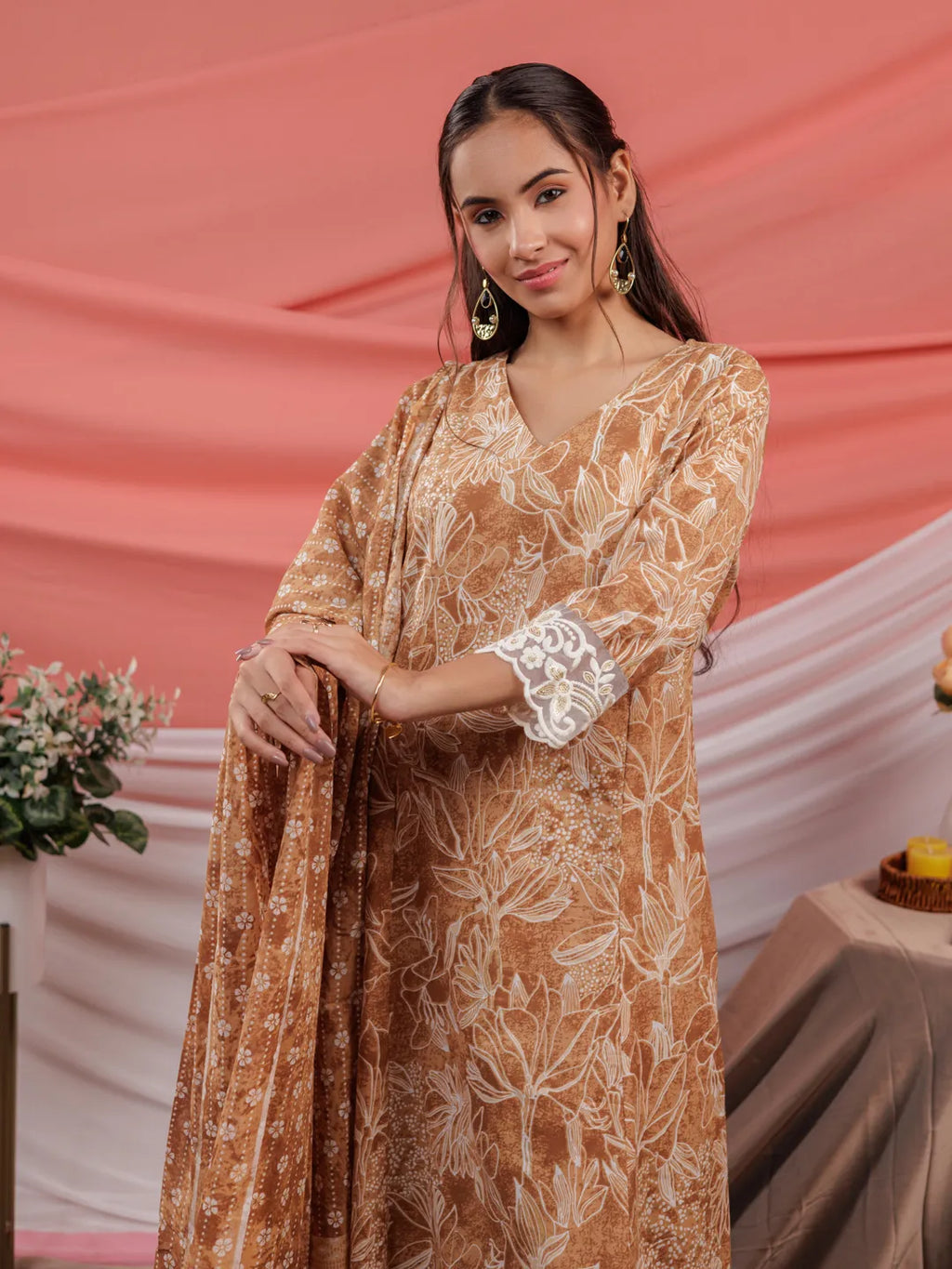 Yufta Mustard Floral Print Cotton Straight Kurta Trouser Dupatta Set | Grocsy
